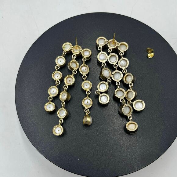 SHASHI Naya White Pearl Designer Dangle Three Triple Row Drop Earrings - Picture 6 of 14